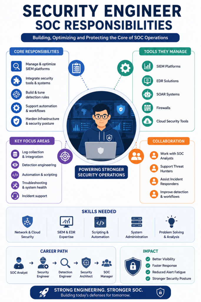 Infographic detailing security engineer SOC responsibilities including core tools, key focus areas, and team impact.