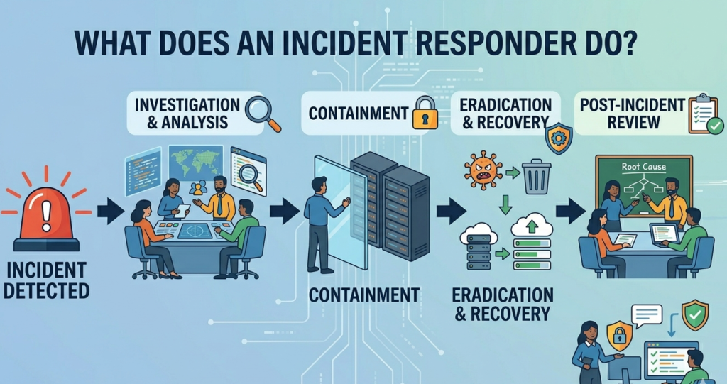 Career progression chart for incident responder required skills from SOC Analyst to Security Operations Manager. 
