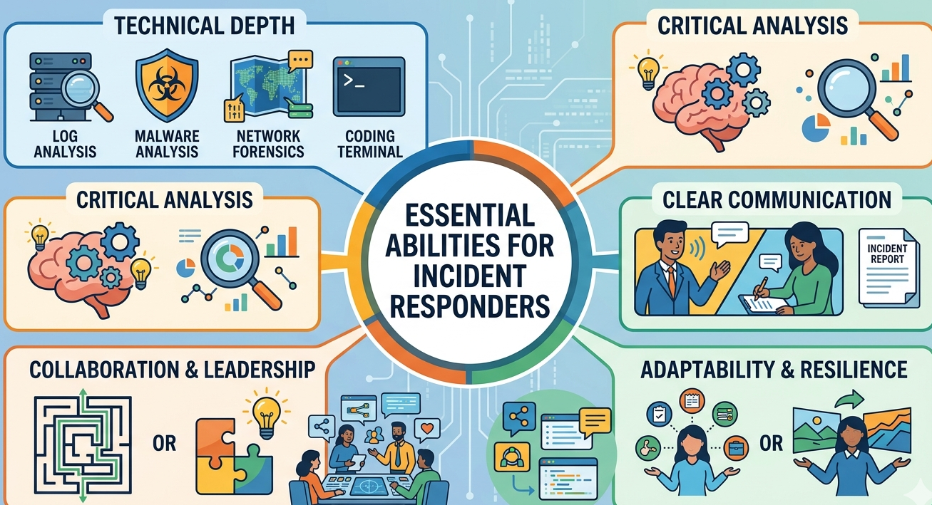Essential incident responder required skills for cybersecurity teams featuring threat analysis and tool proficiency. 