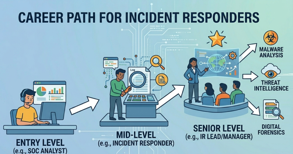 Flowchart of incident responder required skills showing stages from investigation and containment to post-incident review. 