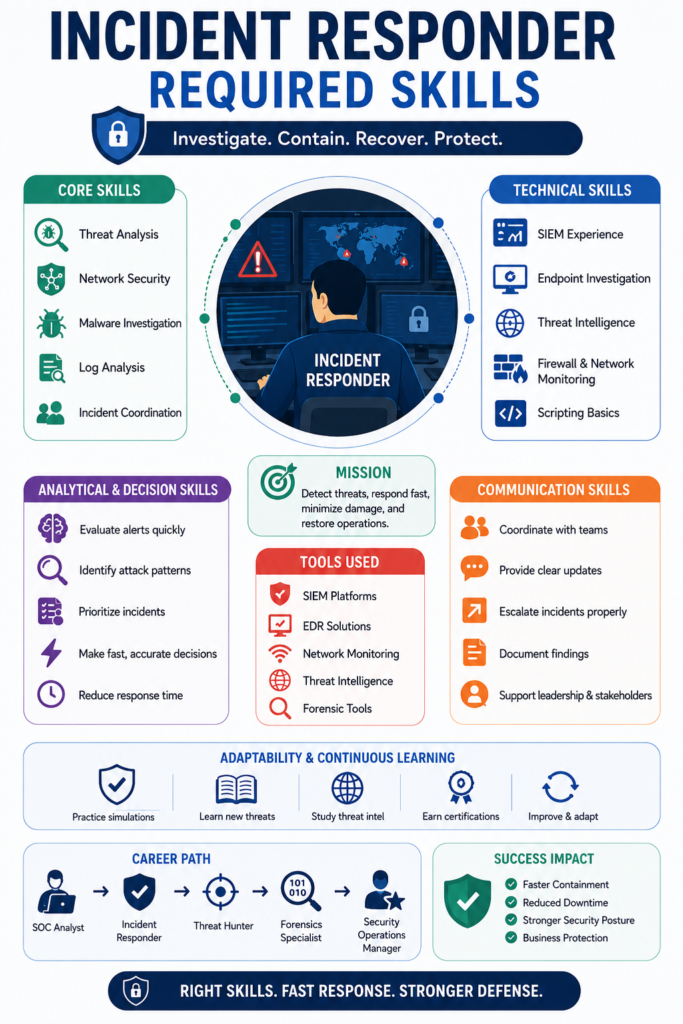 Infographic detailing incident responder required skills including technical depth, critical analysis, and leadership. 