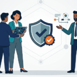 Flat vector of cybersecurity experts discussing data security as part of MSSP analyst training certification. 