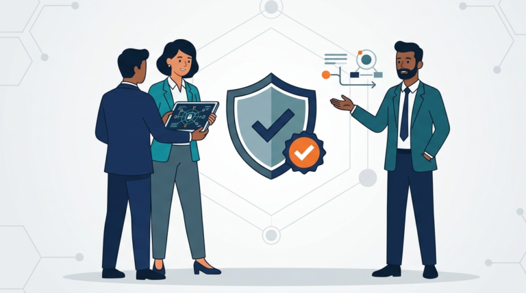 Flat vector of cybersecurity experts discussing data security as part of MSSP analyst training certification.