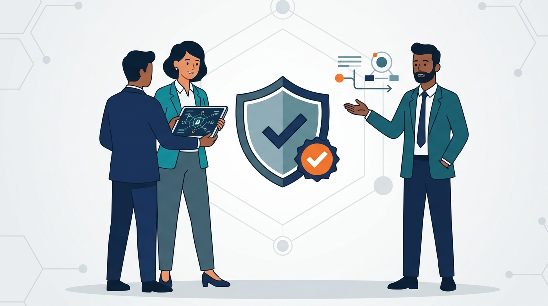 Flat vector of cybersecurity experts discussing data security as part of MSSP analyst training certification.