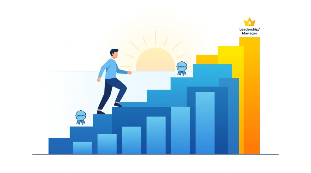 2D illustration of a professional climbing a bar chart staircase for MSSP analyst training certification growth.