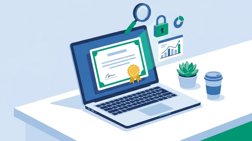 Laptop showing a digital certificate and growth charts, representing MSSP analyst training certification success.