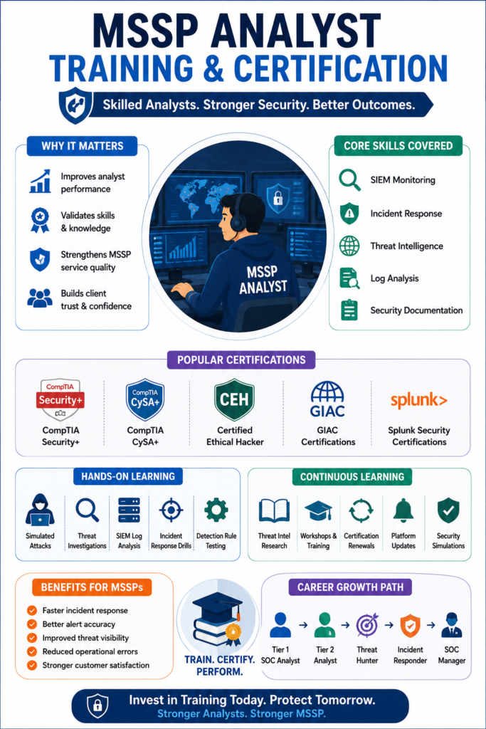 Infographic of MSSP analyst training certification career paths, core skills, and popular security exams.