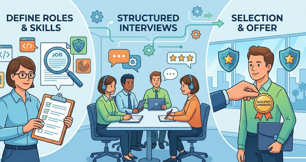 Steps for hiring qualified talent; finding expert security analysts in Fullerton through structured interviews. 