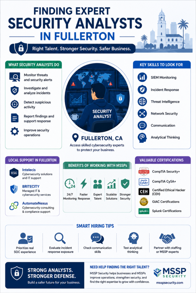 Business guide for hiring cybersecurity pros; finding expert security analysts in Fullerton made simple. 