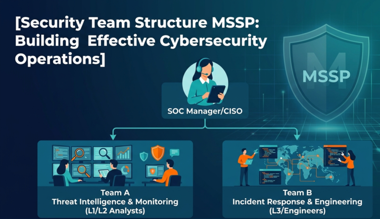 Vector chart of a security team structure MSSP showing SOC Manager, monitoring, and engineering sub-teams.