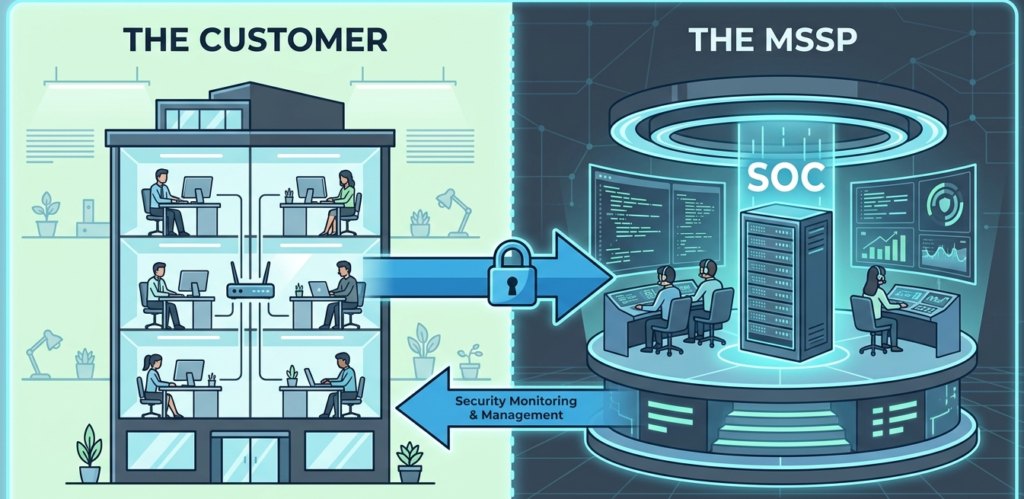 Comparison diagram of security team structure MSSP model between a client office and an external SOC facility.