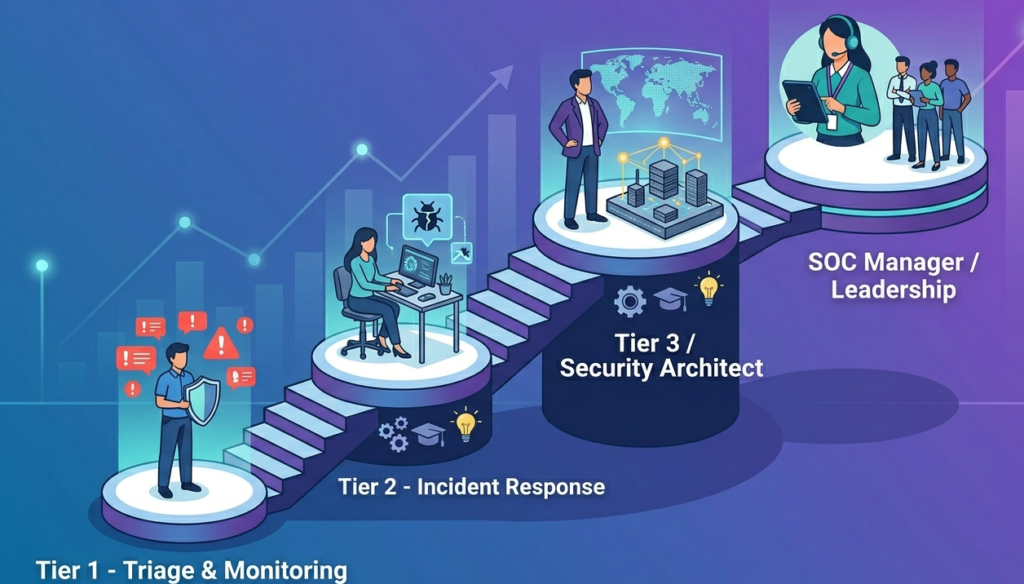 Career progression levels in a security team structure MSSP from Tier 1 analyst up to SOC leadership roles.