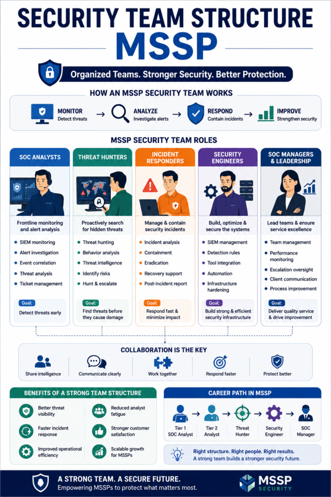 Comprehensive guide on security team structure MSSP roles, benefits, and operational workflow diagrams.