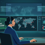 2D vector of a day in life SOC analyst at a workstation with three monitors showing security dashboards. 