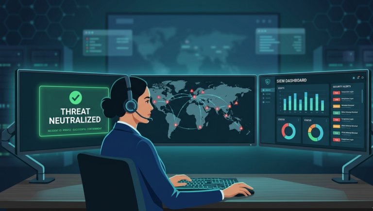 2D vector of a day in life SOC analyst at a workstation with three monitors showing security dashboards.