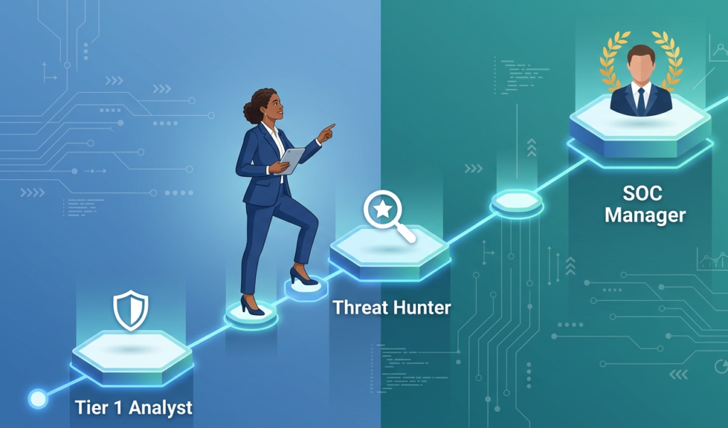 Flat illustration showing the career growth path and various roles for a day in life SOC analyst professional.