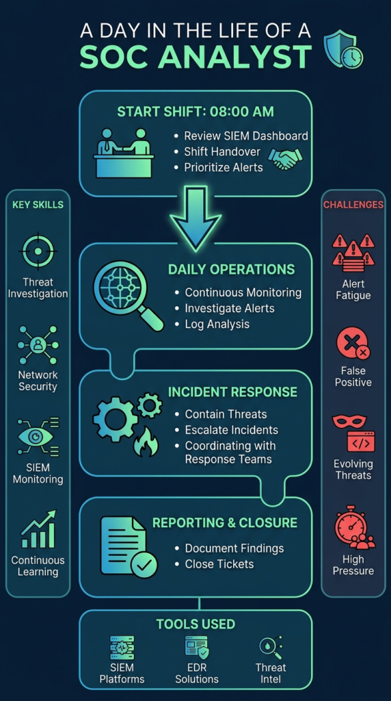 Detailed infographic outlining daily operations, skills, and tools for a day in life SOC analyst workflow.