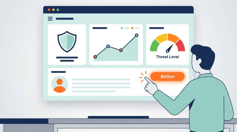 Modern vector illustration of an interactive screen showcasing MSSP Reporting Dashboard Features.