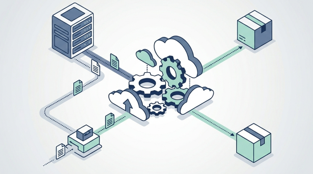Isometric vector showing delivery mechanisms and data flow for MSSP Reporting Dashboard Features.