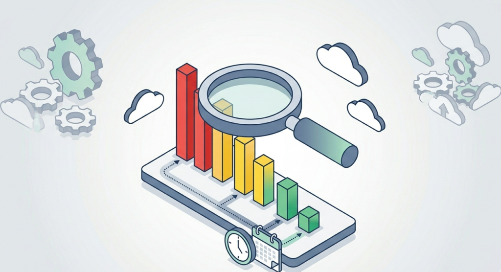 Vector art of a magnifying glass over charts, a key part of MSSP Reporting Dashboard Features.