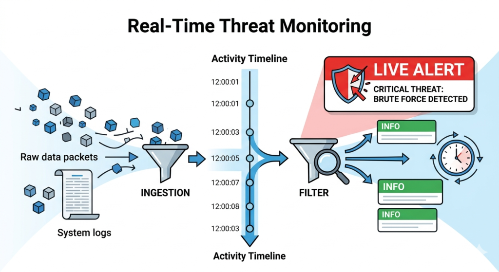 Diagram showing real-time threat monitoring, a core part of common MSSP security dashboard features. 