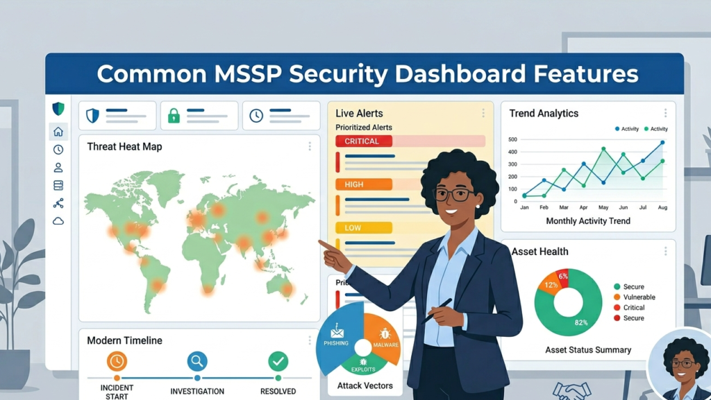 Vector illustration of common MSSP security dashboard features, highlighting timelines, metrics, and threat maps. 