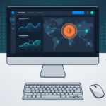 Minimalist flat vector graphic of a modern computer workspace displaying a visualizing security metrics dashboard. 