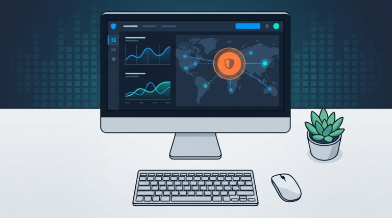 Minimalist flat vector graphic of a modern computer workspace displaying a visualizing security metrics dashboard. 