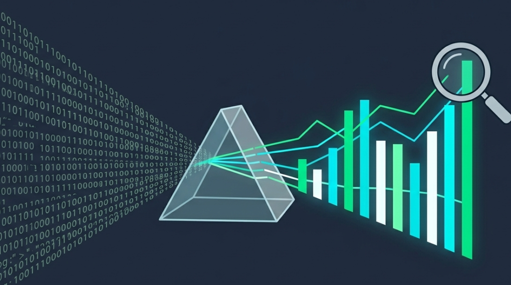 Flat vector graphic showing chaotic raw data transforming through a prism into a visualizing security metrics dashboard. 