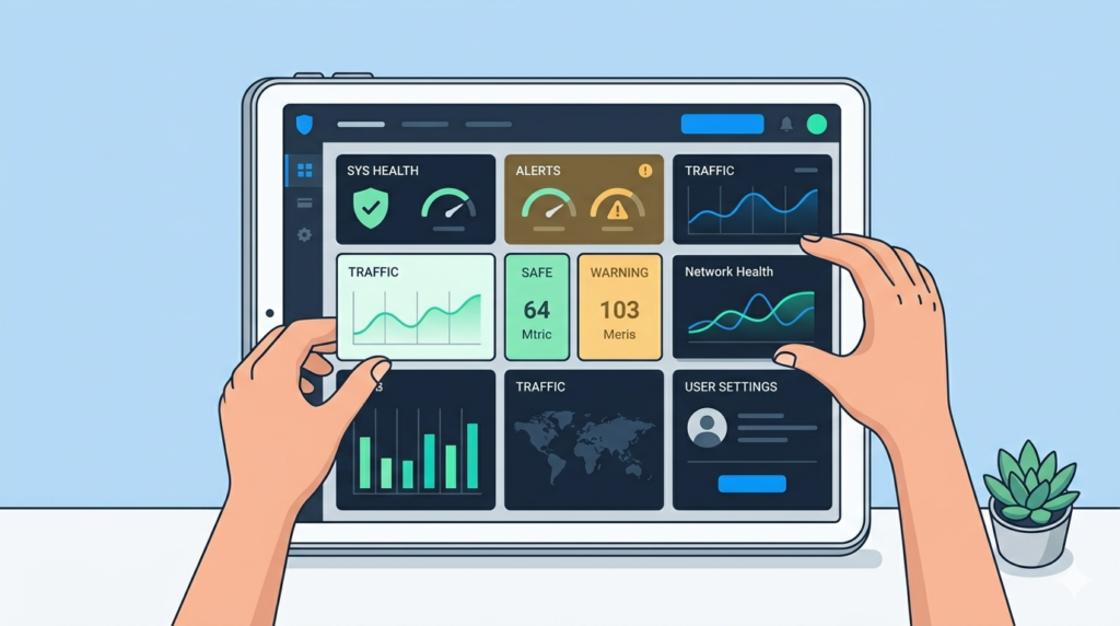 Top-down vector illustration of hands arranging user-friendly widgets on a visualizing security metrics dashboard. 