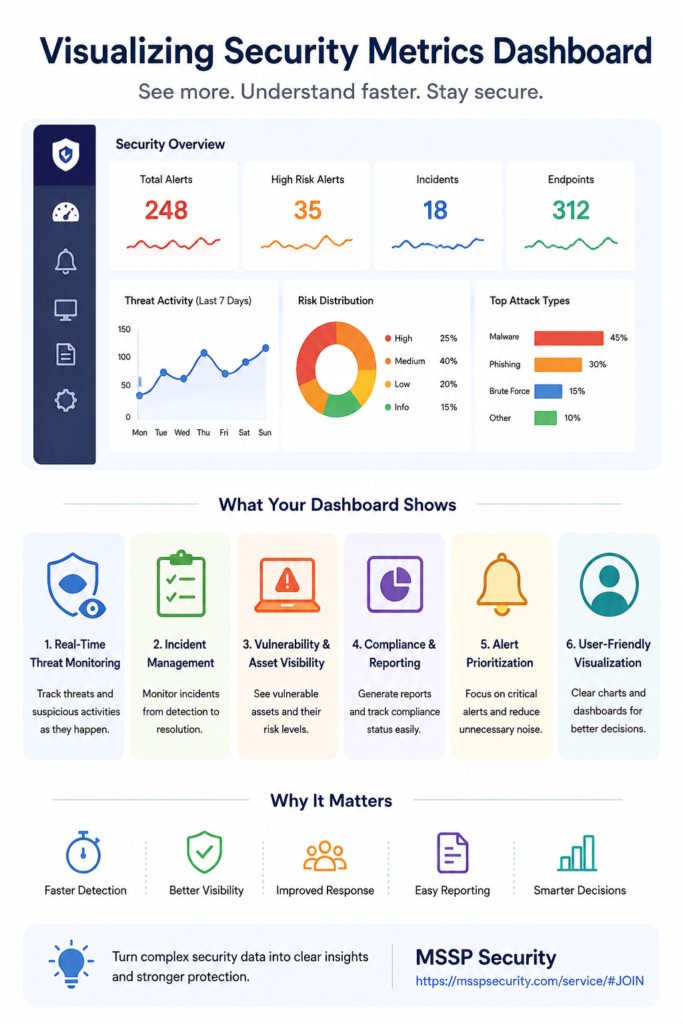 Infographic titled visualizing security metrics dashboard showcasing key monitoring statistics and why it matters. 