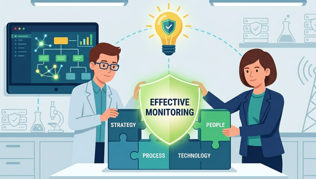 Two professionals building an effective strategy block in front of a real time security monitoring dashboard. 