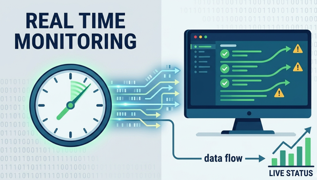 Concept graphic showing data streams flowing into a real time security monitoring dashboard with a live status chart. 