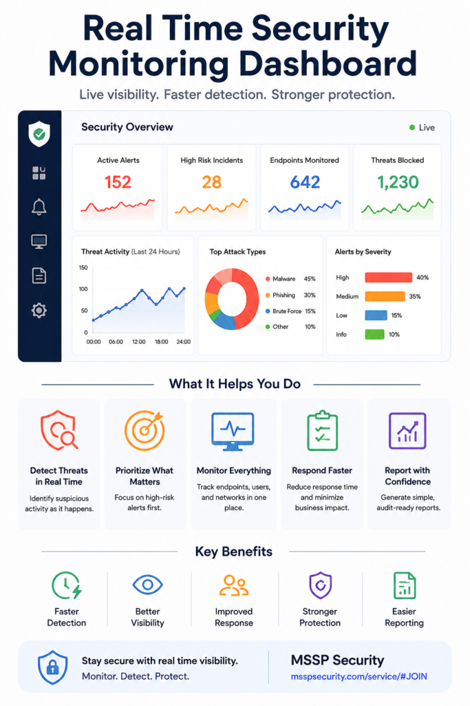Overview mockup of a real time security monitoring dashboard showcasing active alerts, key benefits, and threat data. 