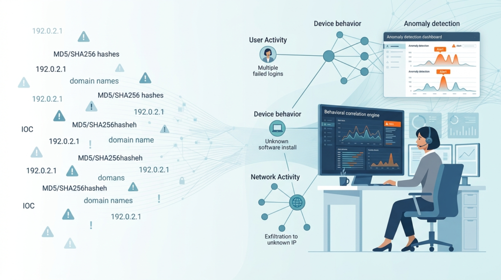 A security analyst correlating IOCs, hashes, and domain data through behavioral dashboards while integrating threat intel siem.