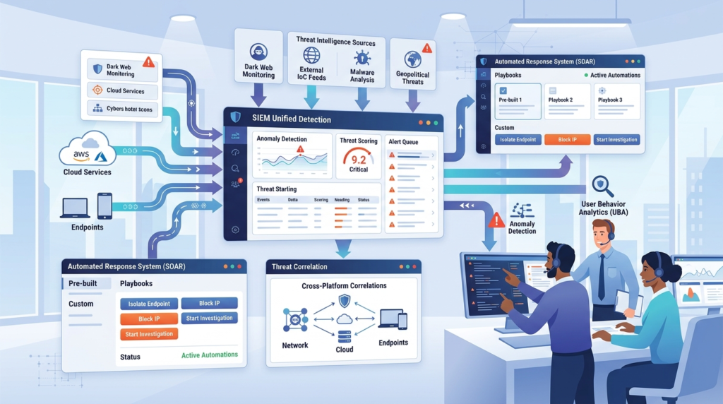 A SOC team integrating threat intel siem with SOAR playbooks, anomaly detection, and cross-platform threat correlation systems.