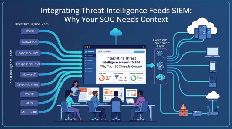 A team dashboard showing why integrating threat intelligence feeds SIEM with contextual enrichment improves SOC detection accuracy. 