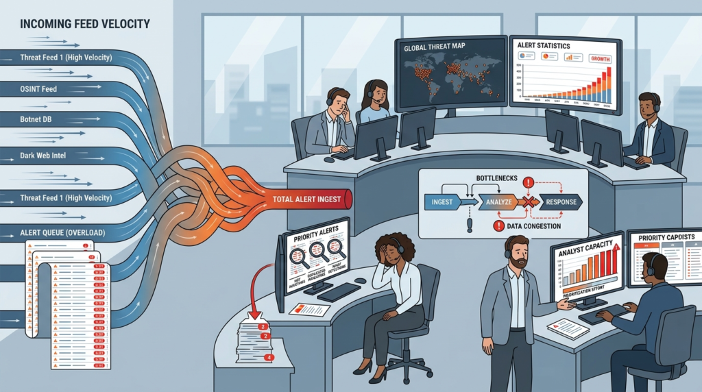 A SOC room overwhelmed by feed velocity showing bottlenecks that occur when integrating threat intelligence feeds SIEM at scale.