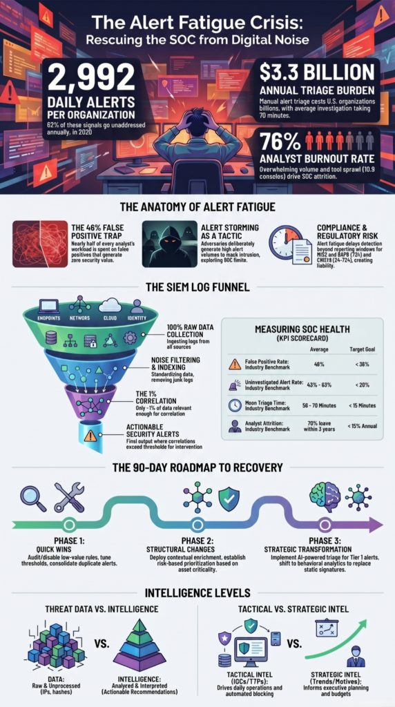A SOC crisis infographic showing how integrating threat intelligence feeds SIEM helps reduce alert fatigue and analyst burnout.