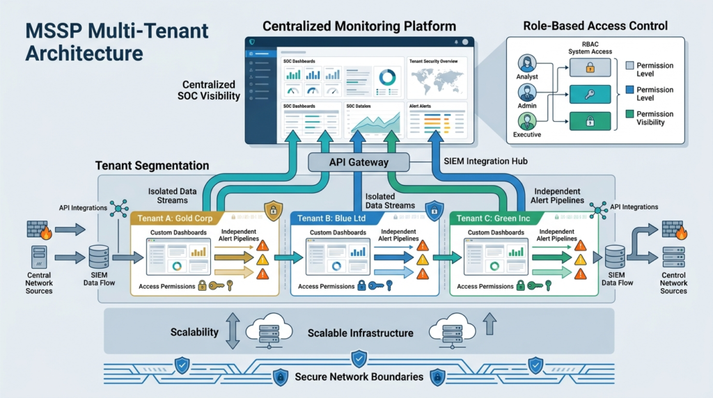 Architecture diagram showing customizing MSSP dashboard views with tenant segmentation and role-based access control.