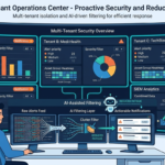 Analyst customizing MSSP dashboard views with AI-assisted alert filtering across multiple tenant security panels.
