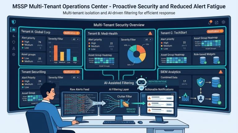 Analyst customizing MSSP dashboard views with AI-assisted alert filtering across multiple tenant security panels.