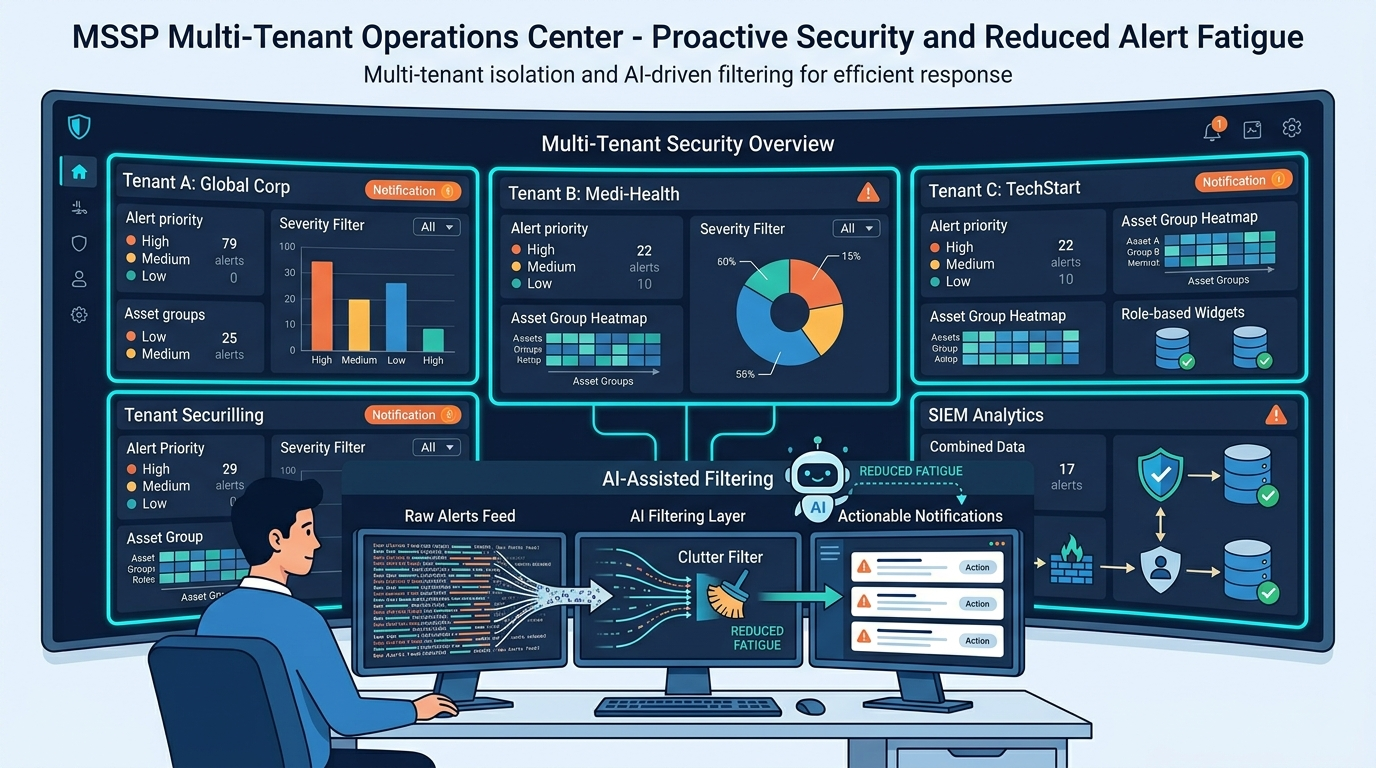 Analyst customizing MSSP dashboard views with AI-assisted alert filtering across multiple tenant security panels.
