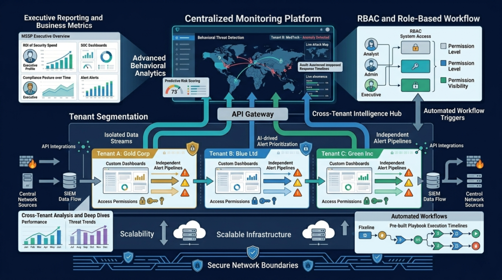 Flowchart demonstrating customizing MSSP dashboard views using behavioral analytics and automated workflow triggers.