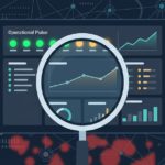 A magnifying glass focusing on an operational pulse view of a key performance indicators kpis dashboard. 