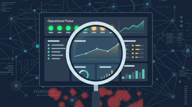 A magnifying glass focusing on an operational pulse view of a key performance indicators kpis dashboard. 