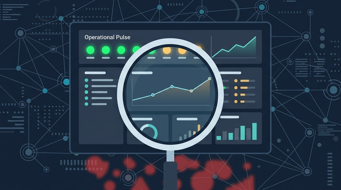 A magnifying glass focusing on an operational pulse view of a key performance indicators kpis dashboard.