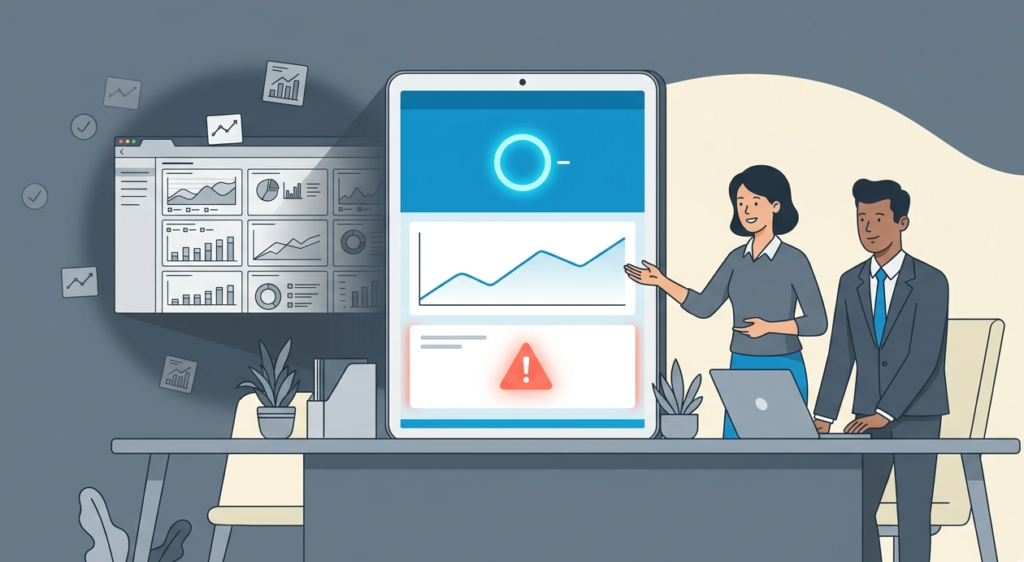 Flat illustration of an executive reviewing a clear key performance indicators kpis dashboard on a tablet.