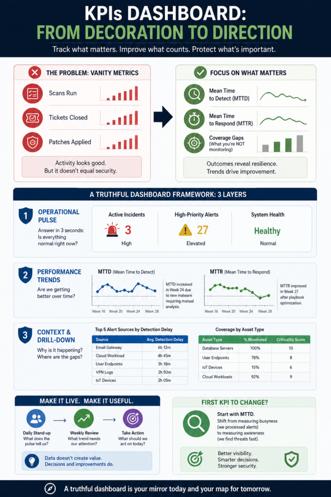Infographic displaying a 3-layer key performance indicators kpis dashboard framework for honest security data.