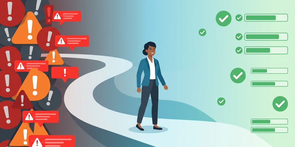 Professional transitioning from alerts to calm, illustrating incident trend analysis reporting